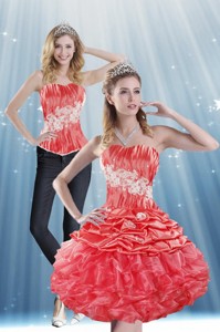 The Super Hot Strapless Appliques And Pick Ups Prom Dress In Coral Red
