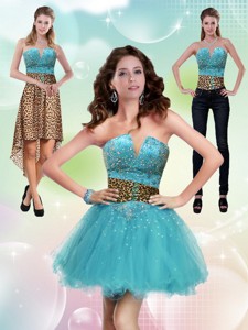 New Style Aqua Blue Leopard Printed Prom Dress With Beading