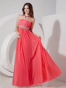 Customize Watermelon Red Empire Strapless Prom Dress Chiffon Beading