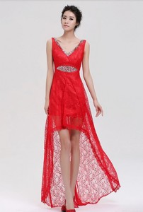 Pretty V Neck Laced And Beaded Red Prom Dress With High Low