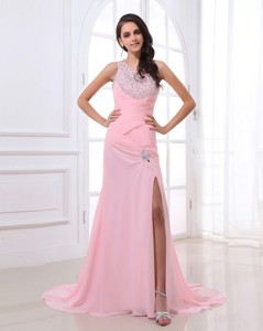 Cheap Column Brush Train Prom Dress With High Slit And Beading