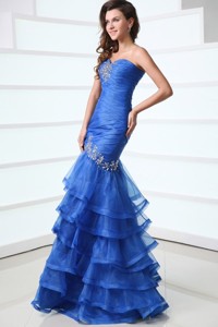 Sexy Blue Mermaid Sweetheart Floor-length Organza Spring Prom Dress With Beading