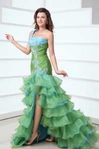 Cute One Shoulder Organza Beading And Ruffled Layers Green Prom Dress With High-low