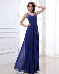 Empire V-neck Floor-length Chiffon Beading Blue Prom Dress