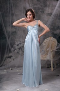 Light Blue Elegant Bridesmaid Dress Column One Shoulder Elastic Woven Satin Beading and Ruch Floor-l