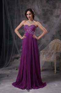 Exquisite Purple Empire Sweetheart Prom Dress Chiffon Beading Brush Train