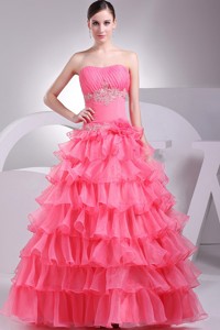 Appliques And Ruching Decorate Bodice Ruffled Layers Watermelon Red Prom Dress