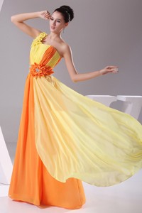 Hand Made Flowers With Beading and Ruching Decorate Bodice Orange and Yellow Chiffon Prom Dress Floo