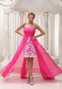 Hot Pink High-low Prom Dress Ruched Bodice Chiffon Strapless Lace