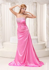 Pink Beaded Decorate Bust Ruched Bodice Brush Train Taffeta Prom Evening Dress For Formal Eve