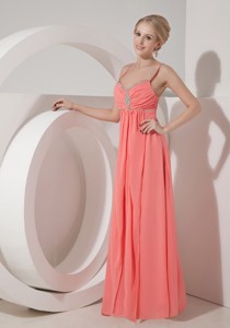Elegant Watermelon Red Chiffon Straps Prom Dress Beading Floor-length