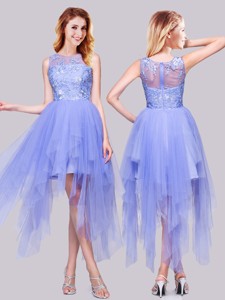 Luxurious Asymmetrical Bateau Lavender Prom Dress with Appliques