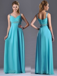 Beautiful Empire Aqua Blue Long Prom Dress with Beading and Ruching