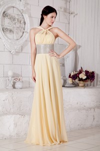 Light Yellow Straps Chiffon Prom / Evening Dress With Silver Belt