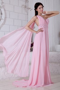 Rose Pink Empire One Shoulder Beading Prom Evening Dress Watteau Train Chiffon