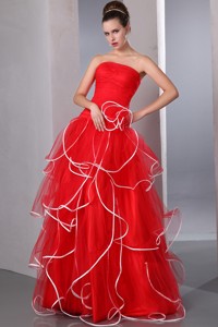 Red Strapless Ruffled Prom Dress With White Hem