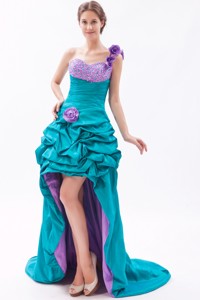 Teal And Lavender One Shoulder Prom Dress High-low Taffeta Beading