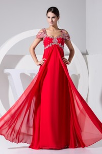 Diamonds Decorated Straps Cap Sleeves Prom Gowns in Red