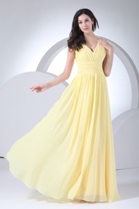 Empire V-neck Floor-length Ruched Yellow Chiffon Prom Dress