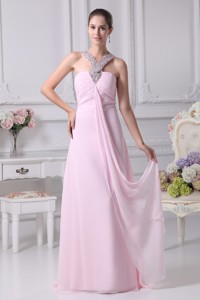 Empire Ruching Baby Pink Prom Dress with Beaded Neckline