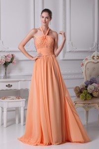 Peach Beading And Ruching Decorated Halter Top Prom Dress