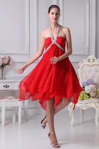 Appliques With Beading Decorated Halter Prom Dress With Ruffled Edge