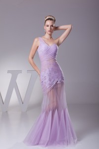 One Shoulder Mermaid Ruching Prom Dress In Lavender With Sheer Waist