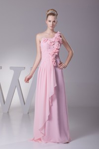 Hand Made Fowers and Jewelry Decorated One Shoulder Pink Prom Gowns