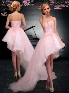 Latest Lace Up Applique Baby Pink Prom Dress in Asymmetrical