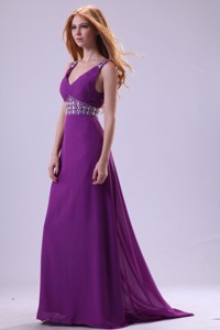 Beaded Decorate Shoulder and Waist V-neck Empire Purple Prom Dress