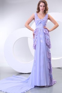 Column V-neck Chiffon Lace Watteau Train Prom Dress Spring