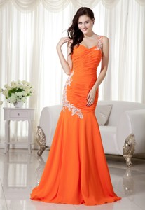 Orange Mermaid One Shoulder Brush Train Chiffon Appliques Prom Dress