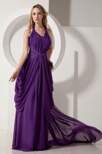 Purple Column Halter Court Train Prom / Evening Dress Chiffon Beading