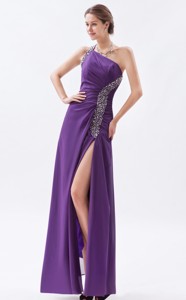 Purple Column / Sheath One Shoulder Prom Dress Chiffon Beading Floor-length