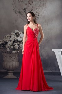 Column Sweep Train Red Prom Dress with Beading for Party