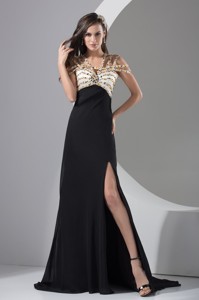 Beading and High Slit Decorated Brush Train Prom Dress with Cool Neckline