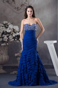 Rhinestone And Ruffled Layers Mermaid Royal Blue Sweetheart Prom Dress