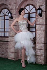 Custom Made White Column Strapless High-low Prom Dress Beading Taffeta and Tulle