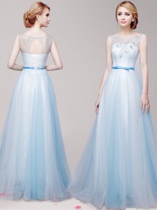 See Through Scoop Light Blue Prom Dress with Appliques and Bowknot