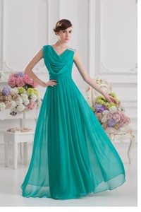 V-neck Empire Turquoise Chiffon Homecoming Dress With Ruching And Beading