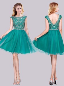 Classical Cap Sleeves Tulle A Line Beaded Homecoming Dress In Turquoise