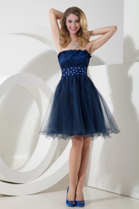 Charming Navy Blue Princess Strapless Organza Beading Homecoming Dress