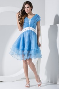 Beadings And Sash Decorated Short Sleeves U-neck Tiers Homecoming Dress