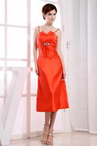 Spaghetti Straps Tea-length Column Orange Red Homecoming Dress Taffeta
