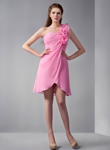 Pink Empire One Shoulder Mini-length Chiffon Hand Made Flowers Homecoming Dress