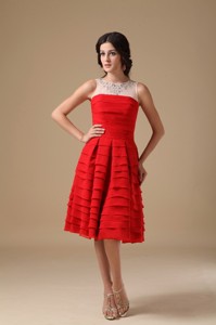 White And Red Bateau Knee-length Chiffon Beading Homecoming Dress