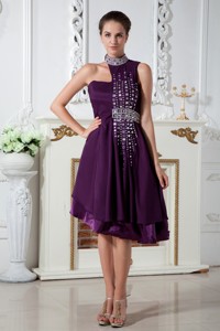 Dark Purple Empire Asymmetrical Homecoming Dress Knee-length Chiffon Beading