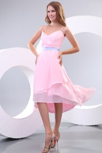 Cheap Baby Pink Spaghetti Straps High-low Graduation Dress With Lavender Sash