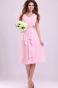 Baby Pink Empire V-neck Chiffon Graduation Dress With Ruches
