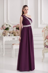 Empire One Shoulder Floor-length Beading Ruching Purple Graduation Dress